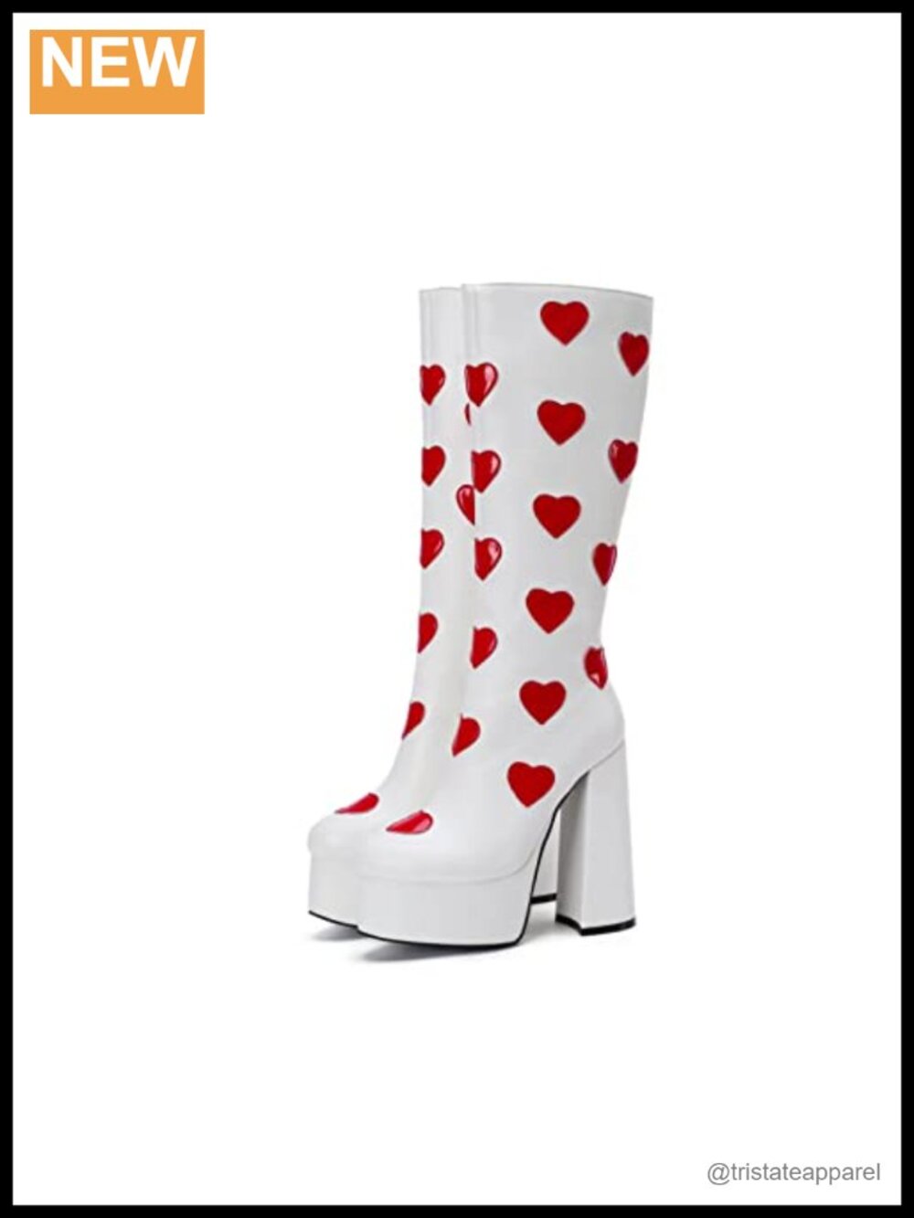 Women's White PU Leather Heart Spade Platform Chunky Block Heel Knee High Boots